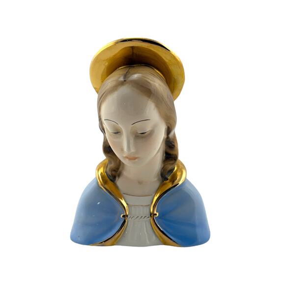 Virgin Mary Bust Statue Porcelain Blue Gold ART Label Made in Italy EC 5" tall - Picture 1 of 6